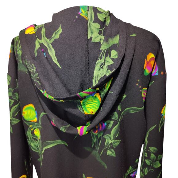 Vintage 80s Connie Choi Neon Fish Print Black Long Line Open Front Hooded Shirt - Picture 7 of 8